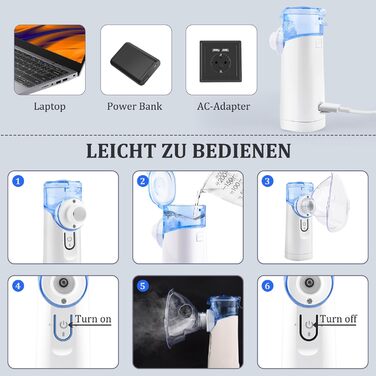 Інгалятор,Портативний небулайзер з інгалятором,Малошумний інгалятор з мундштуком,Інгалятор небулайзер для дітей та дорослих,Інгалятор з мундштуком,USB перезаряджається Синій