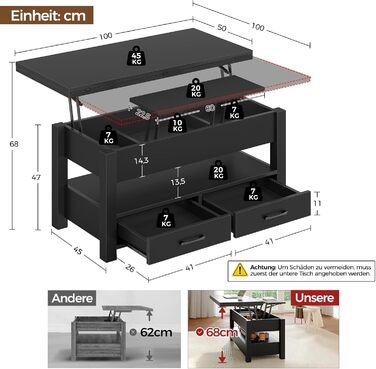 Журнальний столик Rolanstar з регульованою висотою та 2 шухлядами, дерев&39яний стіл для вітальні 100 x 50 см, компактний та простий у складанні для спальні, чорний