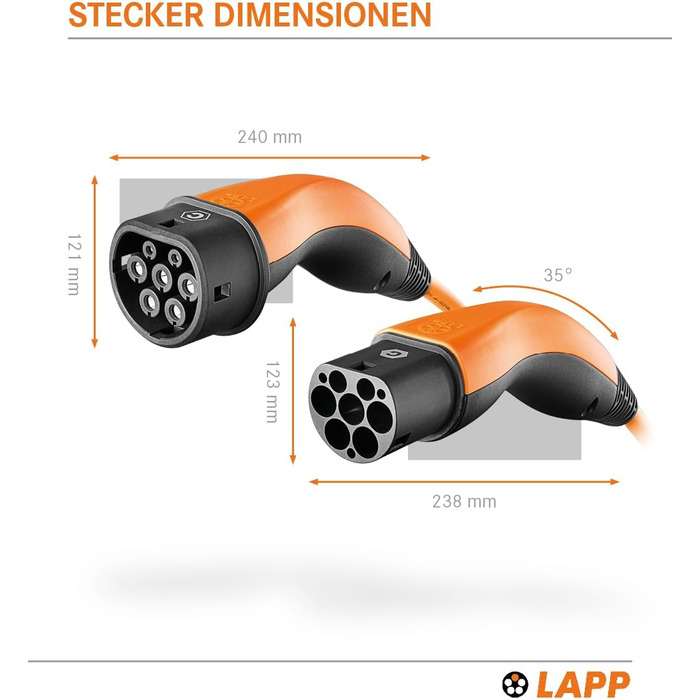 Зарядний кабель LAPP MOBILITY тип 2 11 кВт 7м - 20а зарядний кабель для електромобілів 3-фазний - зарядний кабель із захистом IP55