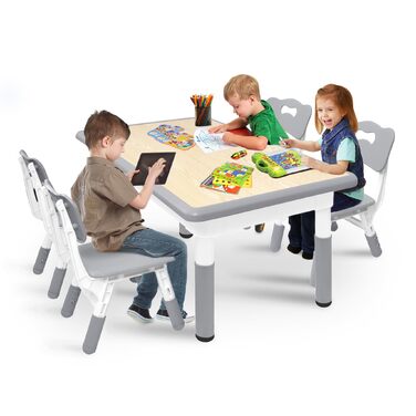 Дитячий стіл 120x60 см з 4 стільцями, комплект дитячих сидінь з регульованою висотою для дітей віком 2-10 років, дерев&39яний дитячий стіл та стільці, ідеально підходить для дитячого садка, класу та дому, сірий