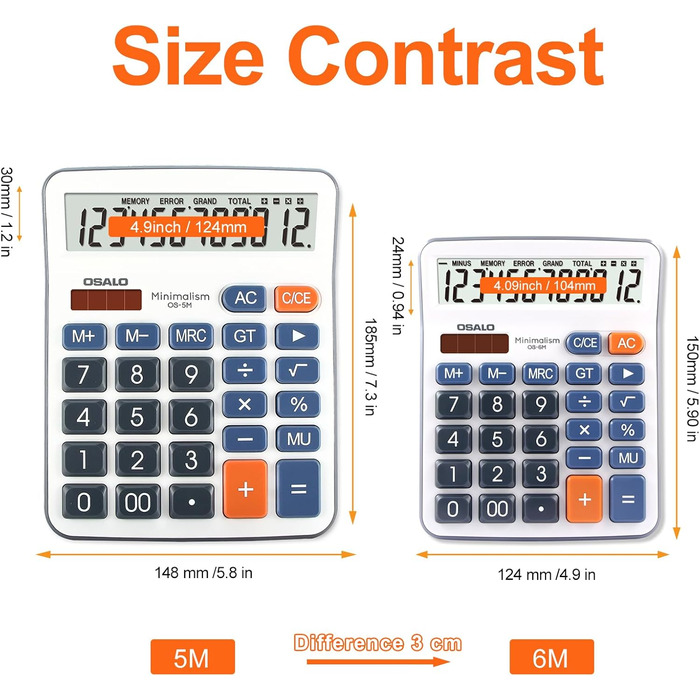 Кишеньковий калькулятор OSALO з великими кнопками, великим дисплеєм, сонячним екраном, 12-розрядним настільним калькулятором, офісним калькулятором для людей похилого віку (OS-5M), синього кольору, 5M