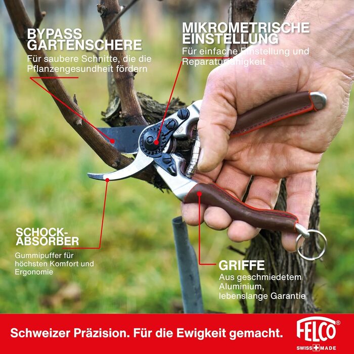 Ергономічні садові ножиці FELCO 6 ELITE для правшів, середнього розміру, шкіряні ручки, чорне лезо F-Tech, діаметр різання 20 мм, довжина 195 мм, зроблено у Швейцарії. FELCO 6 Elite 195 мм x 195 мм