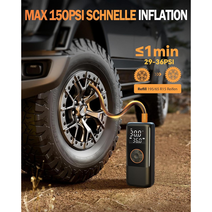 Електричний повітряний насос з акумулятором, повітряний насос 150 PSI для велосипедів, портативний міні-компресор з манометром та подвійним світлодіодним дисплеєм, електричний насос для накачування шин 12 В постійного струму для автомобілів, мотоциклів, в