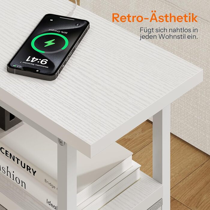 Приліжкова тумба HOOBRO із зарядною станцією, 1 стандартна розетка, 2 USB-порти, вузька бічна тумба, 3 шухляди з нетканого матеріалу, відкрите відділення, для вітальні, спальні, білий EWW482CBZ01