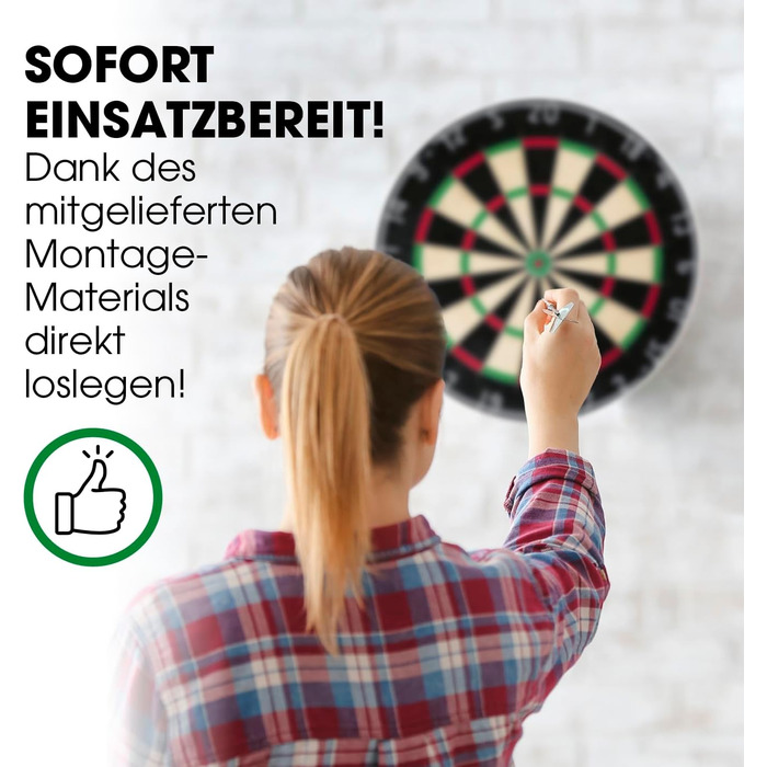Мішень для дротиків Повний набір дротиків з 6 дротиками та додатковим підсвічуванням дротиків Сталеві дротики, включаючи льотки Сизалеві дротики із захисним кільцем Мішень для дротиків виготовлена з самозакриваючихся сизалевих волокон 1) Мішень для дротик