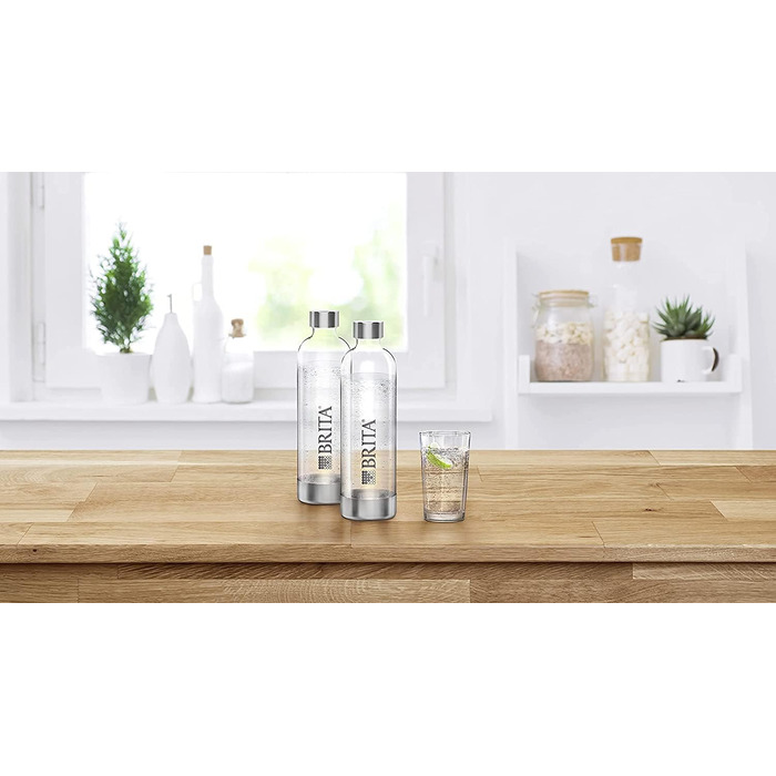 Пляшки BRITA 2 упаковки для виробника газованої води sodaONE / 2 змінні пляшки по 1 літр / Легкі ПЕТ-пляшки без BPA в подвійній упаковці / Пляшки для газованої води з елементами з полірованої нержавіючої сталі