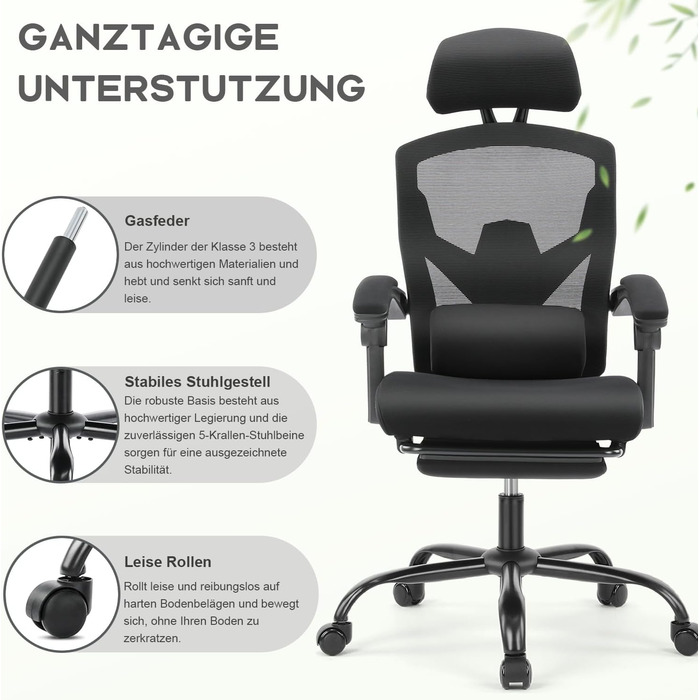 Ергономічне офісне крісло DUMOS, письмове крісло зі зручними підлокітниками, оснащене зручною поперековою опорою та підставкою для ніг, підходить для домашнього використання, C-3509-Чорний, 26 x 39 x 50,75 дюймів