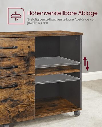 Мобільна картотечна шафа VASAGLE з 3 шухлядами та коліщатками, відкриті відділення, для документів формату DIN A4 та Letter, підставка для принтера, промисловий дизайн, вінтажний коричнево-чорний OFC041B01 Вінтажний коричневий чорний