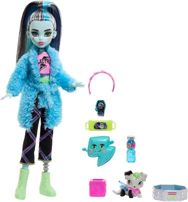 Лялька MONSTER HIGH та аксесуари для ночівлі, лялька Френкі Штайн з собакою Вотзі, вечірка Creever, піжамний комплект Френкі Штайн HKY68