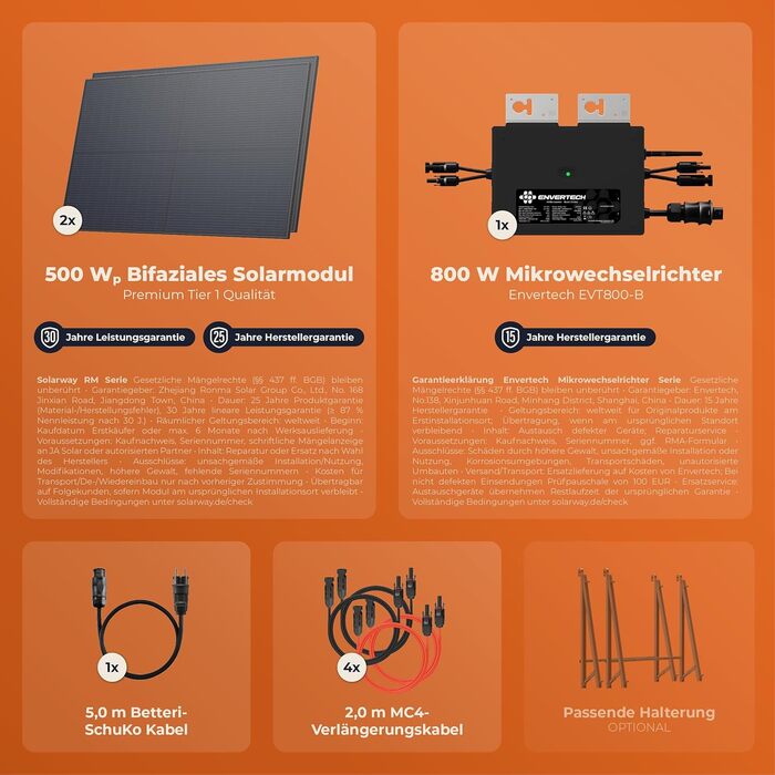Балконна електростанція Solarway 1000 Вт, комплектна розетка 800 Вт - Найновіший інвертор 800 Вт - Повний комплект сонячної системи - Двосторонні сонячні панелі 500 Вт, Envertech та аксесуари (монтажний кронштейн не входить до комплекту)