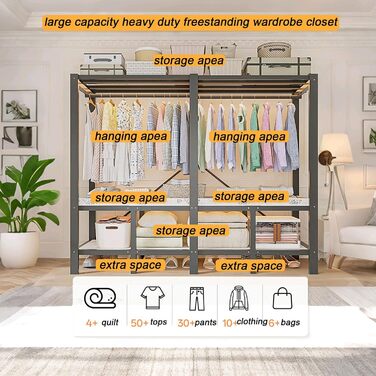 Складана шафа, 500 кг, тканинна шафа великої місткості 242 см з 2 рейками для вішалок, переносна тканинна шафа з чохлом для спальні (сірі двері D, 85 см) D Сірі двері 85 см