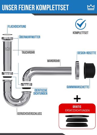 Універсальний сифон преміум-класу для умивальника з нержавіючої сталі, занурювальна трубка зливної труби 2-12 см з регулюванням висоти, набір відходів для умивальника 1 1/4 хром, FREE набір прокладок, відео з монтажу.