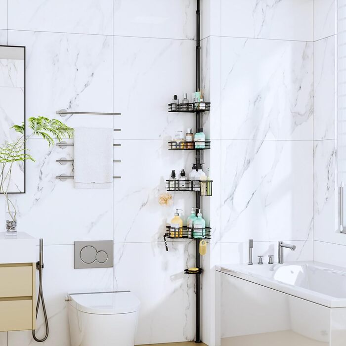 Кутова полиця для душу телескопічна SWTYMIKI - 4-ярусна, з мильницею, тримачем для зубних щіток та 4 гачками, регульована, з нержавіючої сталі, монтаж без свердління, 70-275 см, чорна