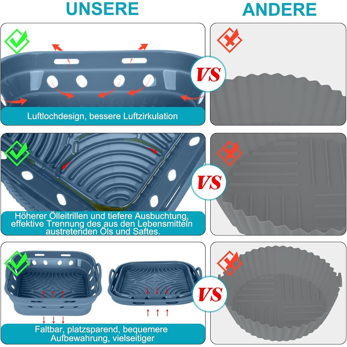 Силіконова форма Аерофритюрниця Квадратна силіконова фритюрниця Аксесуари 22 см Складна аерофритюрниця Форма для випічки Дизайн циркуляції повітря, Харчовий клас, Легкий догляд (Набір 1, СинійЗелений) Квадрат 22 см СинійЗелений