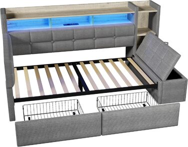 Кушетка, диван-ліжко, 90190 см, з двома шухлядами, портами USB та Type-C, відділенням для зберігання речей, лавкою для зберігання речей у нижньому кінці, світлодіодною стрічкою, без матраца, оксамит (темно-сірий)