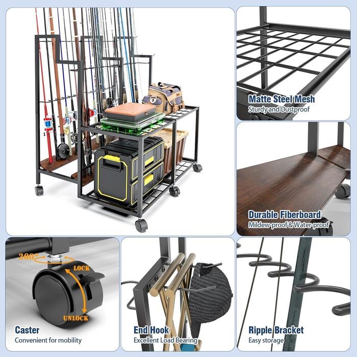 Тримач для вудок для гаража з котушками Місткість 24 вудки місце для зберігання рибальських аксесуарів Підставка для вудок для гаража, човна та дому Ідеально підходить для рибалок та рибальських груп (великий)