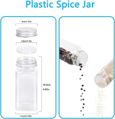 Стійка для спецій, металева кухонна полиця, вміщує багато банок для спецій, органайзер для спецій для кухонної шафи, 24 пластикові банки для спецій, 80 етикеток, лійка та крейдяний маркер (сріблясто-сірий), 4T