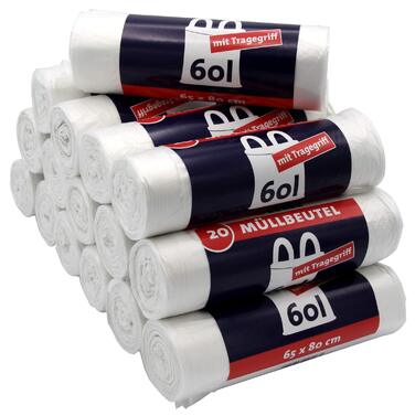 Сміттєвих пакетів/мішків для сміття з ручкою для перенесення, 60 літрів, 20 шт. у рулоні, стійкі до розривів та протікання, виріб та упаковка придатні для переробки (упаковка з 16 шт. ) 20 шт. (упаковка з 16 шт. ), 320