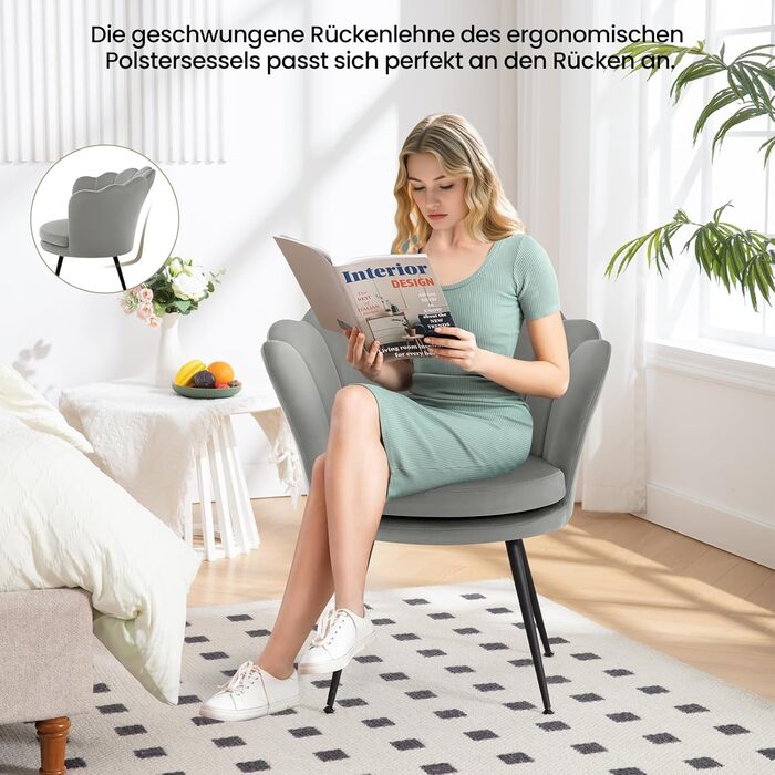 Крісло-крило WOLTU, квіткова форма, крісло-туалет, вітальня, спальня, балкон, з оксамитовою оббивкою, металеві ніжки, сірий