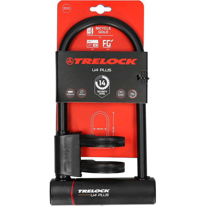Подібний замок TRELOCK U4 Plus, довжина 23 см, товщина дужки 14 мм, рівень безпеки 14, високий рівень безпеки, обслуговування ключів, чорний