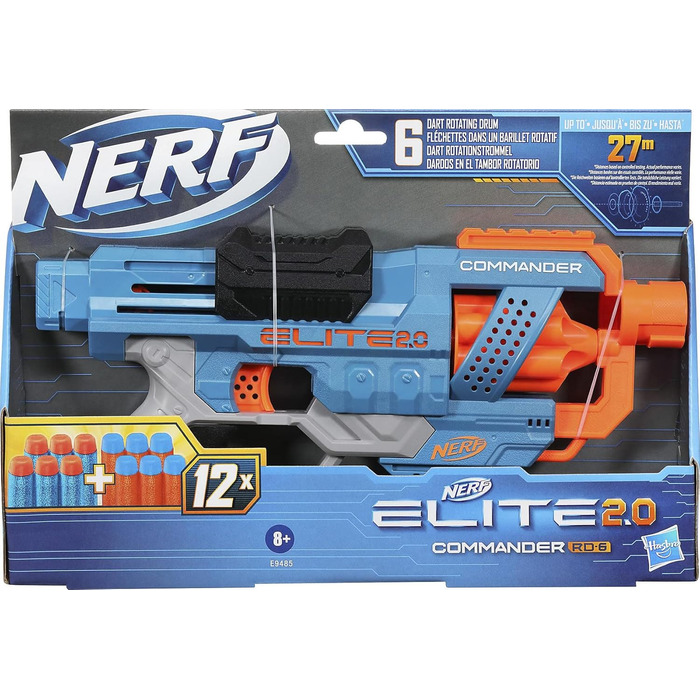 Бластер Nerf Elite 2 Commander RD-6, 12 дротиків Nerf, обертовий барабан на 6 дротиків, планки Tactical Rail, точки кріплення, 9485EU4