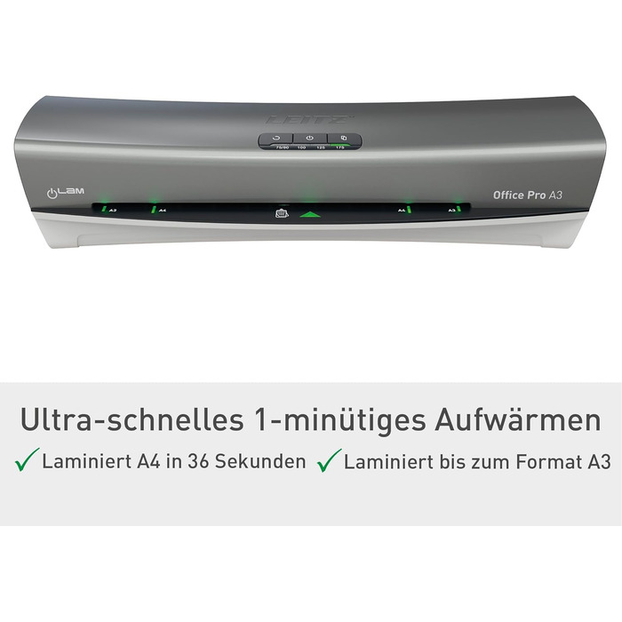 Ламінатор Leitz iLAM Office Pro A3, надшвидкий розігрів 1 хвилина, для плівок 75-175 мікрон, світлодіоди доступності та світлодіодний індикатор стану, функція захисту від застрягання, автоматичне вимкнення, стартовий комплект для роботи з плівками, сірий/