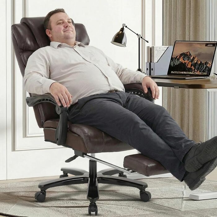Велике та високе крісло керівника зі штучної шкіри, ергономічне офісне крісло 210 кг з підставкою для ніг, крісло для домашнього офісу з регульованою високою спинкою, обертове крісло з підголівником, комп&39ютерне крісло, коричневе