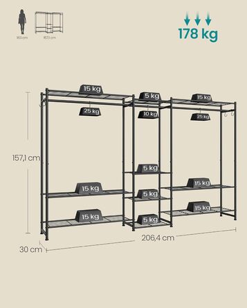 Вішалка для одягу SONGMICS, Відкрита шафа, Вішалка для пальто з 10 полицями, 3 вішалки для одягу, 4 S-подібних гачки, Металевий каркас, для спальні, вітальні, вхідної зони, Чорний LGR011BZ01 206.4W см