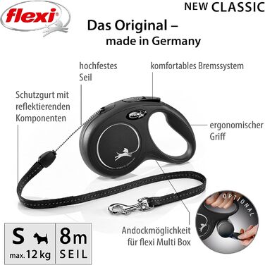 Висувний повідок для собак дрібних порід до 12 кг, 8 м Чорний Вага 228.8 г Розміри 10.3 x 16.8 см S 8 м (макс. 12 кг) Чорний