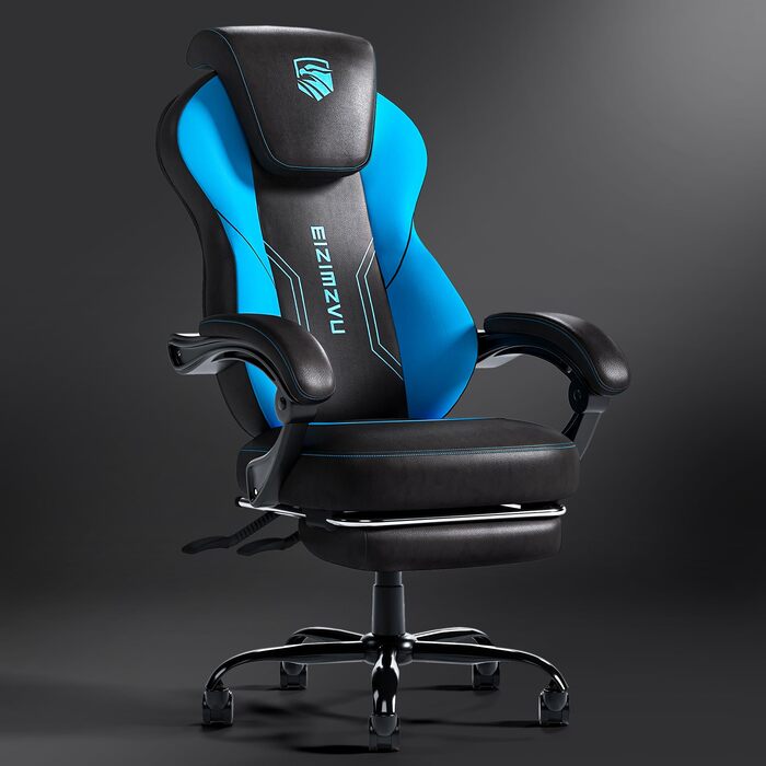 Геймерське крісло з підставкою для ніг та підголівником, ергономічне крісло керівника для дорослих, велике ігрове крісло з поперековою опорою, обертове крісло зі штучної шкіри для ігрової обстановки та домашнього офісу (274-Blue)