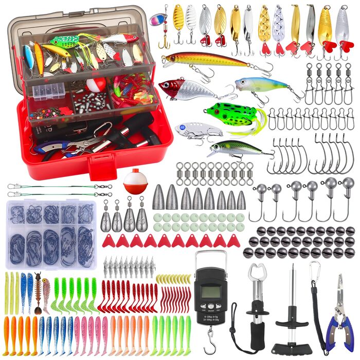 Рибальський набір, ящик для снастей на 314 предметів, ящик для наживки з 3 полицями, стартовий рибальський набір із затискачами для губ, пристрій для зняття гачків, приманки для форелі, приманки для окуня, свинцеві вантажі, гачки, рибальські плоскогубці, 