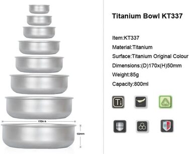 Титанові миски для кемпінгу Keith, 300 мл - 900 мл, для кемпінгу та активного відпочинку, 800 мл