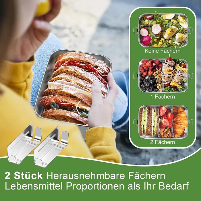 Ланчбокс Homikit з роздільниками, 850 мл, нержавіюча сталь. Бенто-бокс для дітей та дорослих, контейнер для обіду на пікнік, в школу та на роботу. Герметичний, з ущільнювальним кільцем та знімною перегородкою.