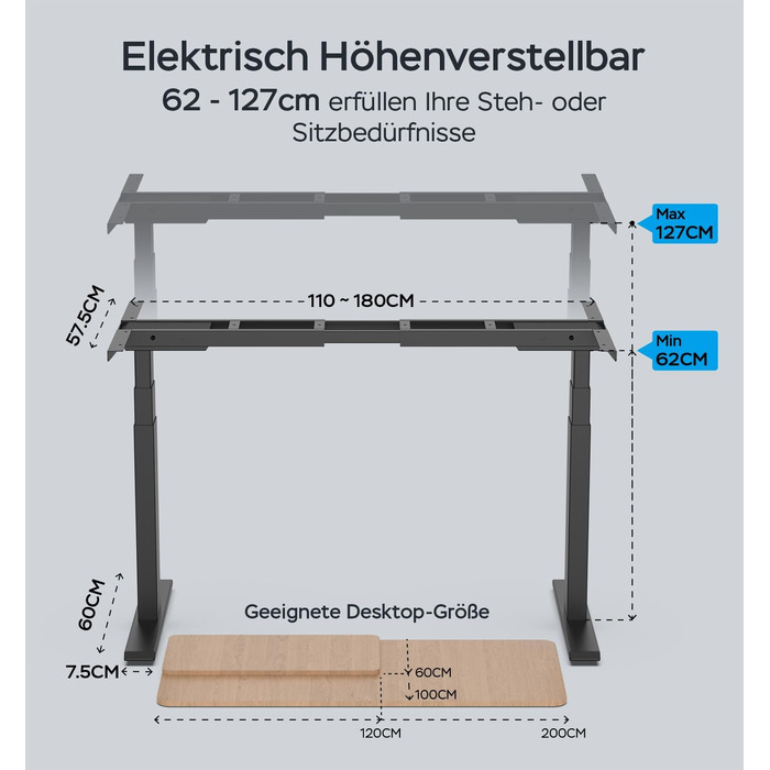 Каркас столу з електричним регулюванням висоти, 2 двигуни, вантажопідйомність 135 кг, регулювання висоти 62-127 см, швидке складання, 4 налаштування висоти з пам&39яттю, 2 USB-порти (чорний)