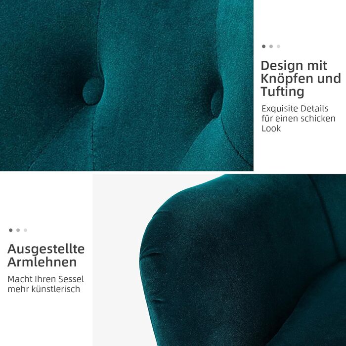 Крісло HULALA HOME, зручне крісло з відкидною спинкою та золотистими металевими ніжками, крісло для читання, зручне крісло з оксамиту для вітальні/спальні, темно-зелений 1 темно-зелений