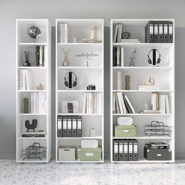 Полиця 80 см завширшки Біла - Книжкова полиця з 6 рівнями та полицями з регульованою висотою, окремостояча полиця, полиця для зберігання Книжкова полиця Lumo 80 x 180 x 24 см (Ш x В x Г) 6 рівнів (80Ш x 180В x 24Г) Біла