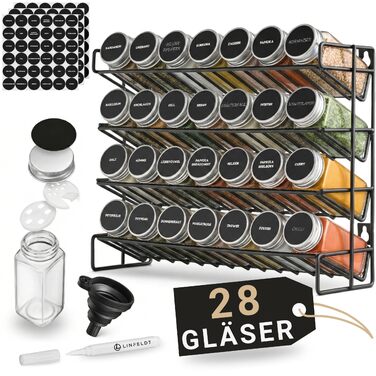 Підставка для спецій на 28 банок - 108 наклейок ручка шурупи для підвішування - Підставка для спецій на місці - Банки для спецій з полицею (спеції не входять до комплекту) - 34,5x25x11,5 см, Чорний