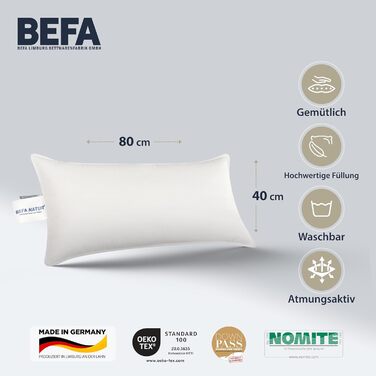 Подушка BEFA NATUR з пір&39я 40x80 см надзвичайно жорстка Подушка 100 пір&39я Вага наповнювача 1500 г Гіпоалергенна (NOMITE) Сертифікована для тварин (DOWNPASS) Oeko-TEX Клас 1 Зроблено в Німеччині 40x80 см