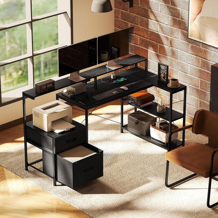 Ігровий стіл HOMCOM, L-подібний, 165 x 80 см, зі світлодіодним освітленням та розетками, комп&39ютерний стіл з підставкою для двох моніторів, 2 шухляди, відділення для зберігання, для домашнього офісу, ігор, навчання, чорний колір дерева