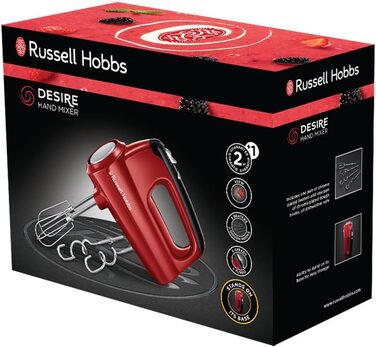 Ручний міксер Russell Hobbs ручний міксер Desire Red (5 рівнів швидкості функція турбо, 2 вінчики для посудомийної машини та гачки для тіста, кнопка виймання, вертикальне паркувальне положення) Ручний міксер 24670-56 Ручний міксер Desire одинарний