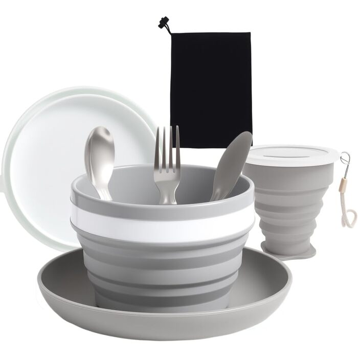 Складаний похідний набір посуду на 6 осіб з нержавіючої сталі (ніж, ложка, виделка), чашка, миска, тарілка та сітчастий мішок ідеально підходить для подорожей, кемпінгу, пікніків та активного відпочинку.