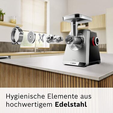 Електрична м'ясорубка Bosch Serie 8 MultiPower MFWS840M, 2500 Вт, нержавіюча сталь, 3 диски (3/4.5/8 мм), насадки для кеббе та ковбас, шинка-терка, придатна для миття в посудомийній машині