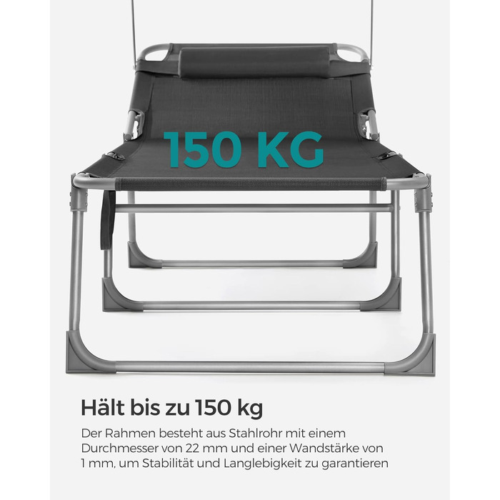 Великий складаний шезлонг SONGMICS, 200 x 71 x 38 см, вантажопідйомність 150 кг, з сонцезахисним тентом та регульованою спинкою, для саду, басейну, тераси, темно-сірий GCB22GYV2 антрацит