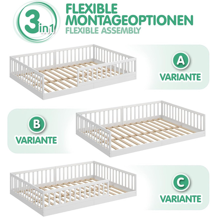 Підлогове ліжко CADANI Timi 2в1 120x200 см Дитяче ліжко Монтессорі зі знімним захистом від випадіння, включаючи ламельну раму, з м