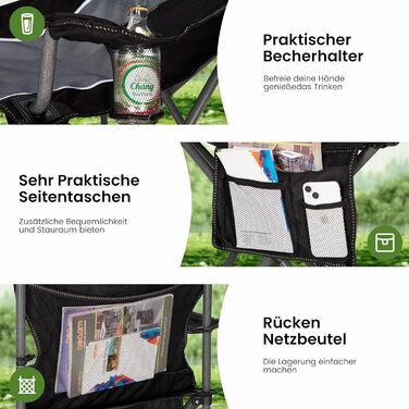 Комплект із 2 предметів Складане кемпінгове крісло, Складане крісло до 160 кг Кемпінгове крісло Складане крісло з підставками для чашок Складане крісло Кемпінгове рибальське крісло (сіре)