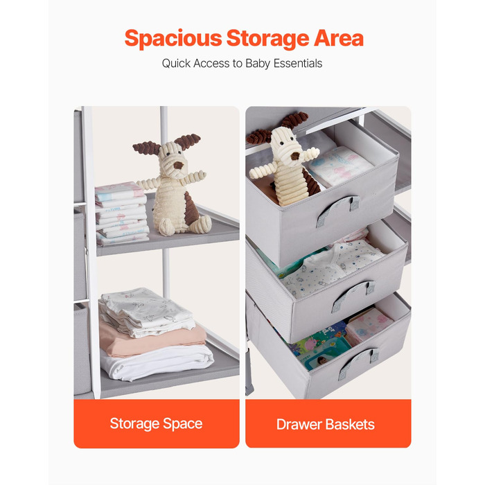 Портативний пеленальний столик VEVOR з 3 висувними шухлядами для тканини та колесами, що замикаються, регульований по висоті багатофункціональний пеленальний столик для немовлят з органайзером для зберігання речей для дитячої кімнати, сірий