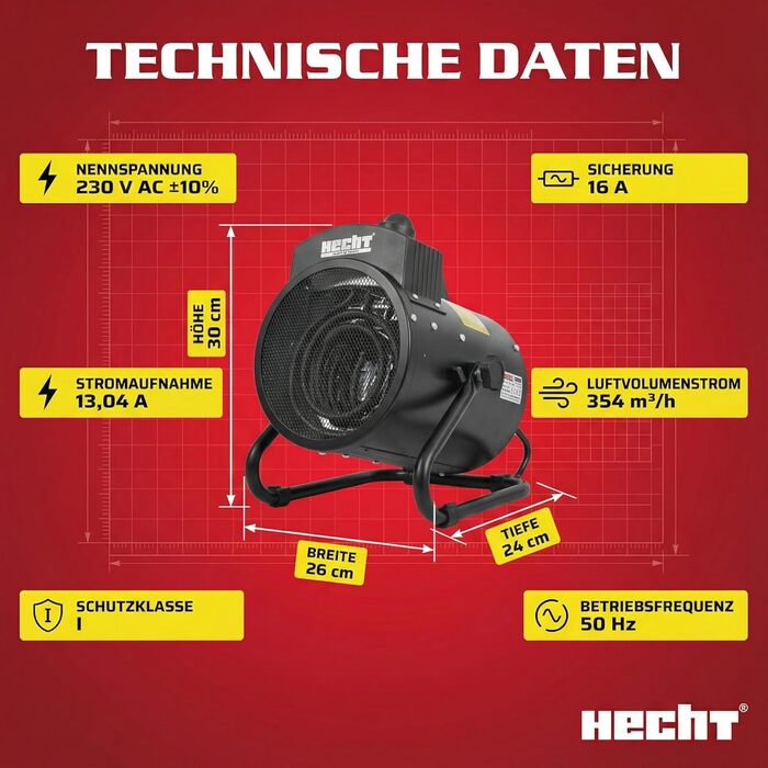 Електричний обігрівач HECHT Портативний обігрівач 3000 Вт 3 рівні потужності Термостат Енергоефективний Підходить для будівельних майданчиків, гаражів, майстерень, кемпінгу, віталень, Чорний