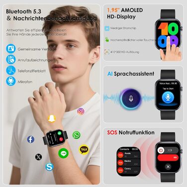 Розумний годинник YUPENG з ЕКГВСР/кров&39яним тиском/сечовою кислотою/ІМТ, 1,95-дюймовий AMOLED сенсорний фітнес-годинник з функцією телефону, 24-годинний монітор сну/серцевий ритм/SpO2/екстрений виклик SOS Android iOS Чорний