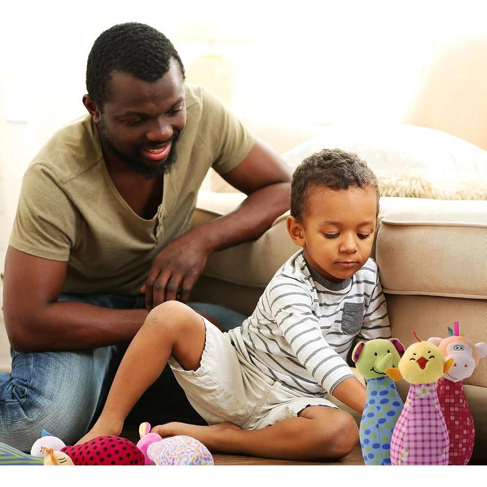 Набір для боулінгу THE TWIDDLERS з 6 плюшевих іграшок та 1 м&39яча з брязкальцем, набір для боулінгу для немовлят та малюків - м&39який та миється - подарунковий набір на дні народження та Різдво