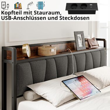 Ліжко IRONCK 140x200 з металевою рейковою основою, каркас ліжка 140x200 см з розетками, USB-портами та портами Type-C, металеве ліжко 140x200 з м&39яким узголів&39ям та місцем для зберігання речей, дитяче ліжко, двоспальне ліжко 140x200 см